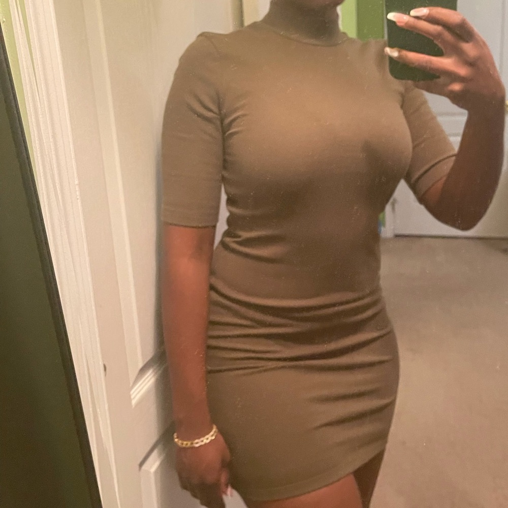 Olive Mock Neck Ribbed Dress - Picture 3 of 10